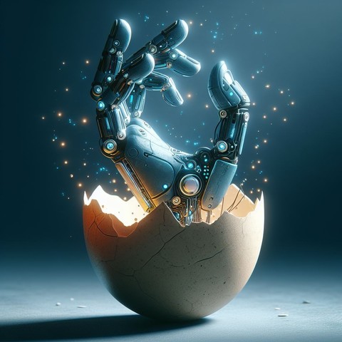 A robot hand cracking from an egg.