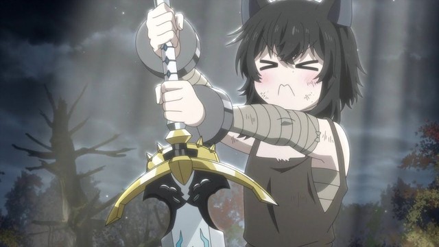 Fran trying to lift Shishou for the first time from the anime series Reincarnated as a Sword.