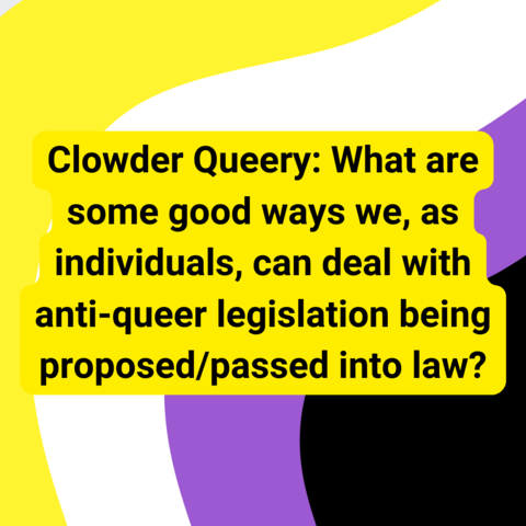 Background is wavy nonbinary pride stripes. Black text with yellow outline says "Clowder Queery: What are some good ways we, as individuals, can deal with anti-queer legislation being proposed/passed into law?"