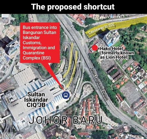 Map showing where Hako Hotel and the pedestrian entrance into BSI CIQ to catch bus are located at. / Image from linked article.