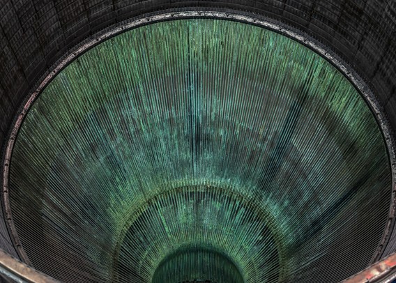 A photograph showing the interior of the nozzle of a Rocketdyne F-1 engine. 