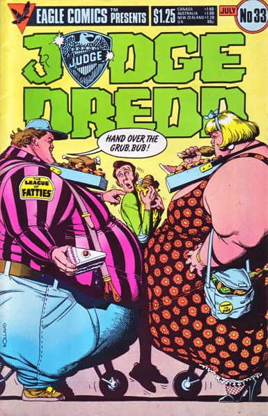The front cover of Judge Dredd No 33, featuring cover art by Brian Bolland of two members of "The League of Fatties" mugging a skinny bloke for his grub.