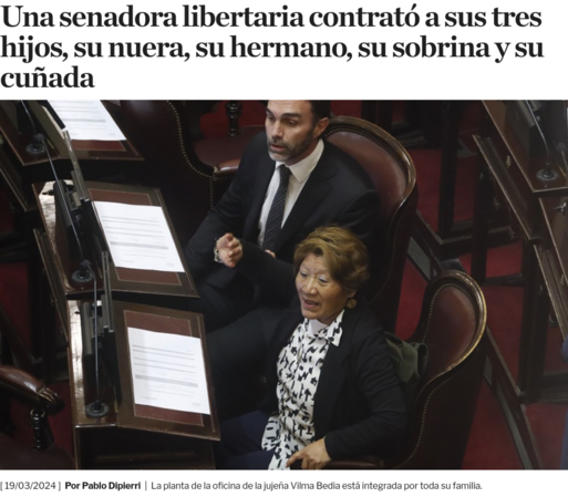 "Una senadora libertaria contrató a sus tres hijos, su nuera, su hermano, su sobrina y su cuñada."