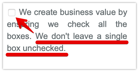 A screenshot of legitimate.us annotated to show that there is an unchecked box next to the statement that “We don’t leave a single box unchecked”