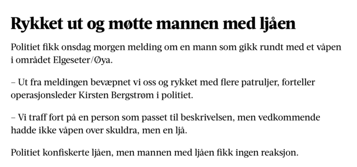 Rykket ut og møtte mannen med ljåen

Politiet fikk onsdag morgen melding om en mann som gikk rundt med et våpen i området Elgeseter/Øya.

– Ut fra meldingen bevæpnet vi oss og rykket med flere patruljer, forteller operasjonsleder Kirsten Bergstrøm i politiet.

– Vi traff fort på en person som passet til beskrivelsen, men vedkommende hadde ikke våpen over skuldra, men en ljå.

Politiet konfiskerte ljåen, men mannen med ljåen fikk ingen reaksjon.