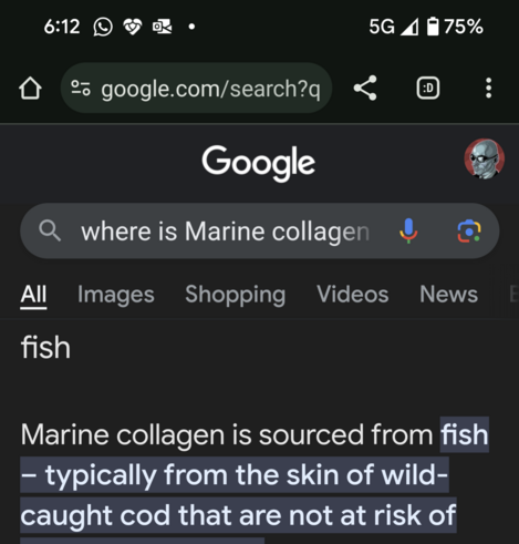 A Google search result showing that the source of marine collagen is the skin of codfish.