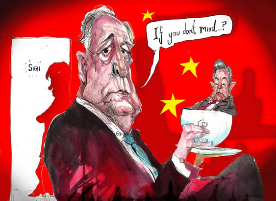 A red black portrait of Paul Keating, the red is the Chinese flag, Keating is holding up his cup. In his cup is foreign minister Wang Yi. We see the shadow of foreign minister Penny Wong leaning on the wall outside cast across to his back wall. She "SIGH"s. He holds up his cup
"If you don't mind...?"