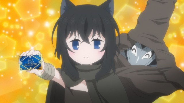 Fran showing off her adventurer card from the anime series Reincarnated as a Sword.