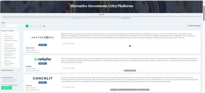 Screenshot of Explore Alts filterable list of alternative investments (alts) platforms