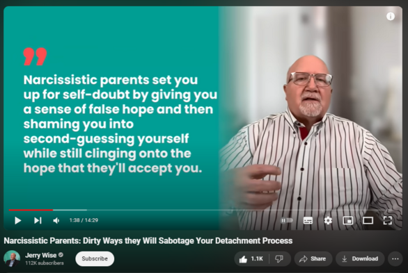 https://www.youtube.com/watch?v=0GFepbkhil4
Narcissistic Parents: Dirty Ways they Will Sabotage Your Detachment Process


10,998 views  17 Mar 2024  Breaking Free from Narcissistic Parents & Family
In this video, I discuss some of the ways and tactics narcissistic parents use to stop you from detaching from them.

If you're finally ready to get your dysfunctional, narcissistic family out of you and enjoy a life free of their toxic grip, here's how I can help👇🏼