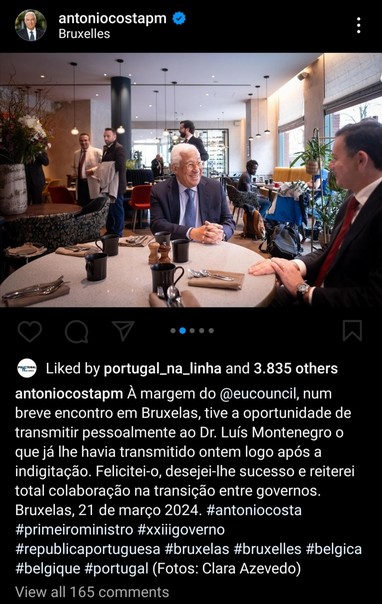 Post do Instagram de Costa que descreve um encontro amigável com Montenegro em Bruxelas.