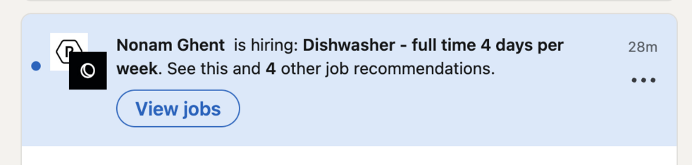 Linkedin job suggestion for Dishwasher - full time 4 days per week.