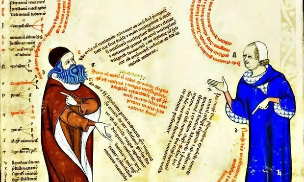 Illuminated manuscript image showing two people speaking. One of them represents Ramon Llull with a lush flowing beard in a colorful blue. Around them is script almost in an early version of speech bubbles. Along one side is an outline of ideas, some branching out to multiple levels. 