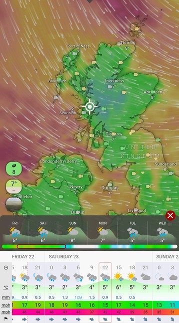 A meteorological map of Scotland, showing high wind speeds across the country.