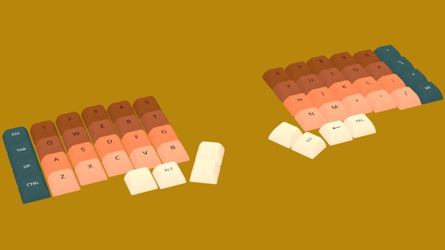 A screenshot from Typing Simulator of an Iris keyboard with the rows being a gradient of orange and browns.