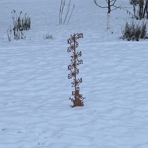 A rusty metal snow gauge standing in snow with a few dormant plants visible behind it. The gauge shows there are 4 inches of snow so far. 
