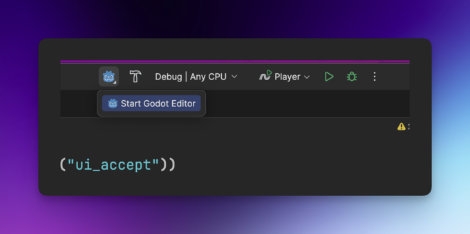 JetBrains Rider run toolbar with “Start Godot Editor” icon showing.