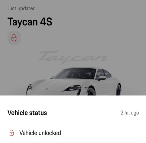 Screenshot from the Porsche app showing the status of my car. Top left reads “just updated” but the time stamp on the status says “2 hr ago”. 

It is also wrong. The car was locked. 