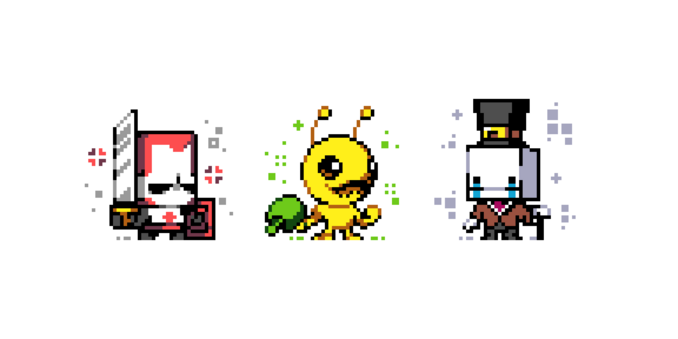 A pixel fanart of the Red Knight from Castle Crashers, an alien from Alien Hominid and Hatty Hattington from BattleBlock Theater. The Background is a solid color.