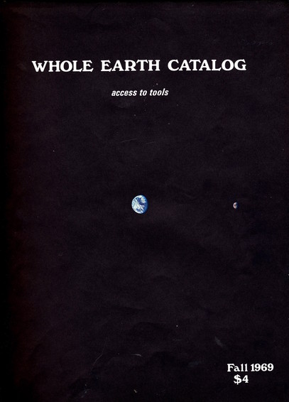 The front cover of the Whole Earth Catalog of 1969. A black background with the (all caps) title Whole Earth Catalog at the top centre and a subtitle of (lowercase) "access to tools". 