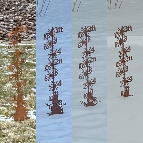A combination photo of four vertical photos of a snow gauge from having no snow to having 10 inches of snow