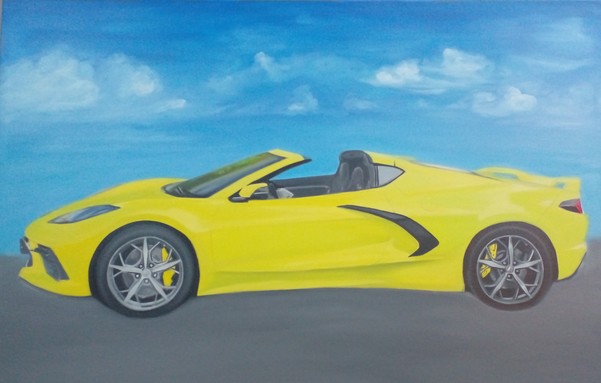 a painting of a yellow ferrari, about three quarters of the way finished, it is facing right, blue sky behind it, grey under the car 