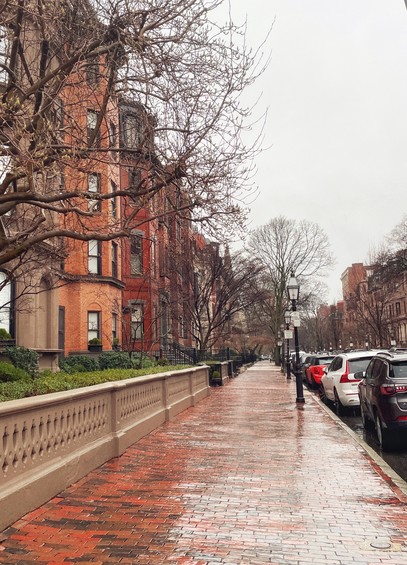 Wet brick sidewalk and street alongside row of historic red brick buildings, leafless trees, street lamps, and parked cars on an overcast day.