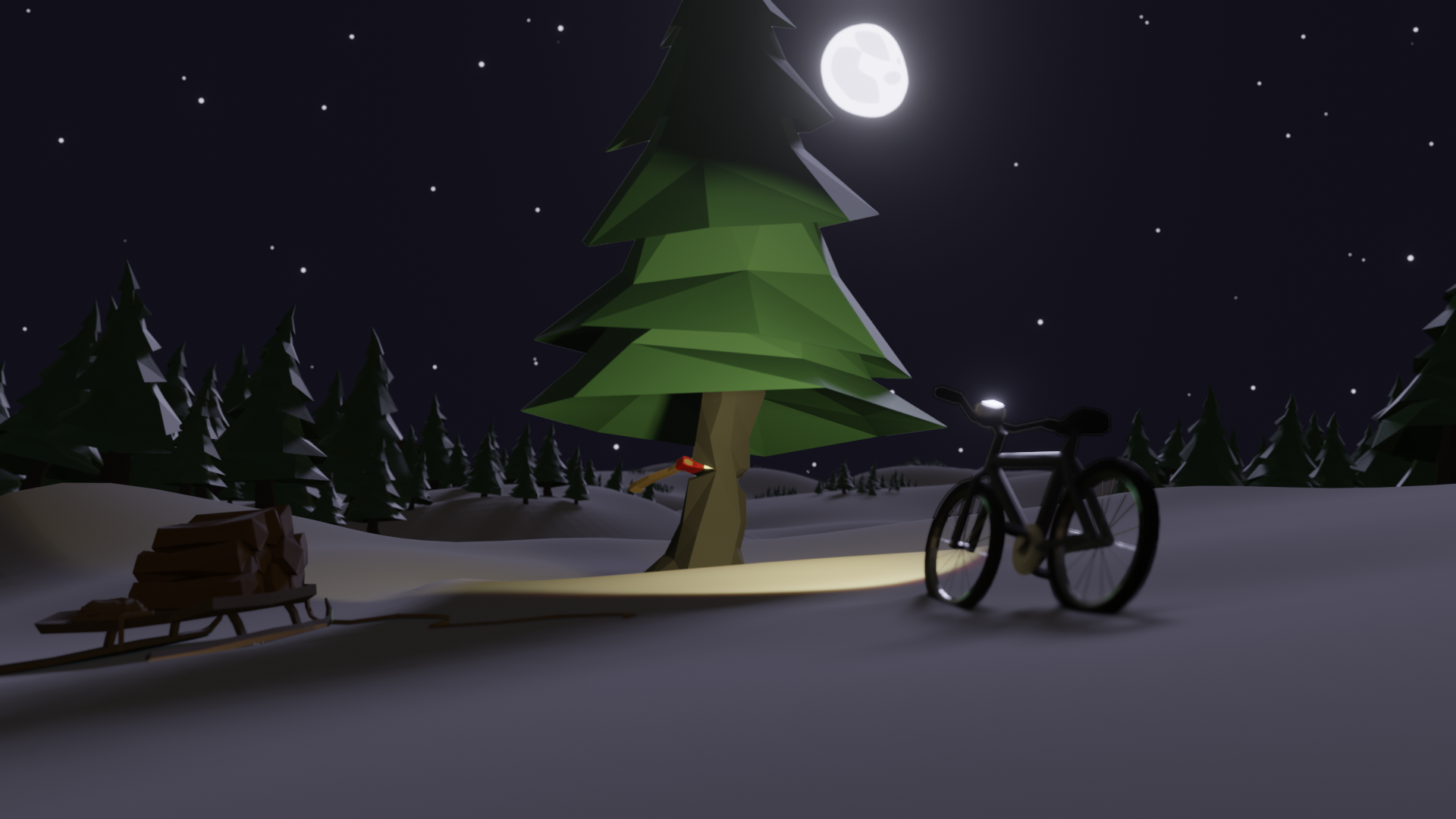 Stands of pines dot a snowy scene lit by a nearly full moon. In the centre of the scene, a lone tree is lit by the headlamp from a pushbike. The tree is being cut down, with an axe lodged into a cut in the trunk. To the left rests a sled, half full of cut logs