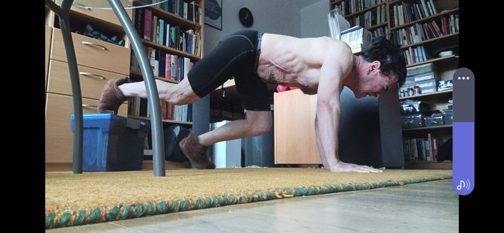 Screenshot of video frame as I'm getting up from 84 decline push-ups in today's first set. As before, I want 100 or more reps in two sets. When I get there, I'll raise the foot elevation again.

I lost 50 lbs in 2020 and ghosted my cardiologist (with his blessing) following emergency intervention that year.