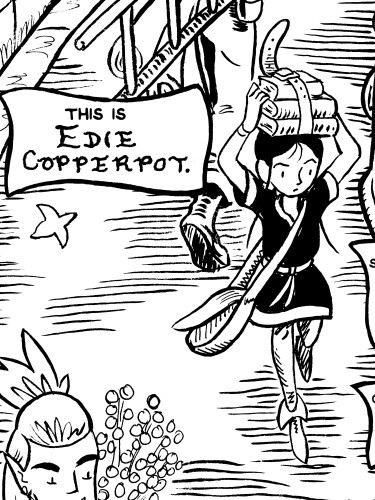Pen and ink drawing of a young girl carrying a stack of books over her head. A caption box reads "This is Edie Copperpot."