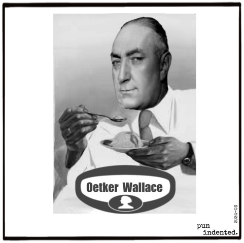 Ein altmodisches Werbeplakat, auf dem Edgar Wallace eine Portion Vanillepudding verspeist. Bildunterschrift: Oetker Wallace.