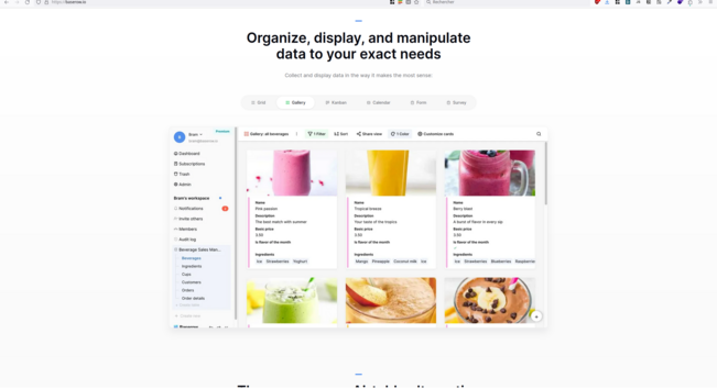 Screenshot of the Baserow website, with an example of a gallery view with delicious-looking pictures of smoothies.
