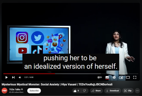 https://www.youtube.com/watch?v=1t7W3_4T9so
Mysterious Mystical Monster: Social Anxiety | Hiya Vasani | TEDxYouth@JBCNBorivali

49 views  21 Mar 2024
Hiya reflects on the pervasive fear of judgment in both teenagers and adults, discussing personal experiences with social anxiety and the impact of social media on self-esteem. The talk emphasizes the importance of authenticity, the therapeutic benefits of activities like art and dance, and the need to reclaim one's narrative amidst societal pressures and judgments. Hiya is a curious, fearless spirit embracing connections with open hearted wonder and genuine interest. 
 She voices for those people who often feel overwhelmed. She embraces vulnerability, sharing their journey with courage. Through introspection and growth, she inspires others to understand that strength lies in confronting fears and embracing one's authentic self. This talk was given at a TEDx event using the TED conference format but independently organized by a local community. Learn more at https://www.ted.com/tedx