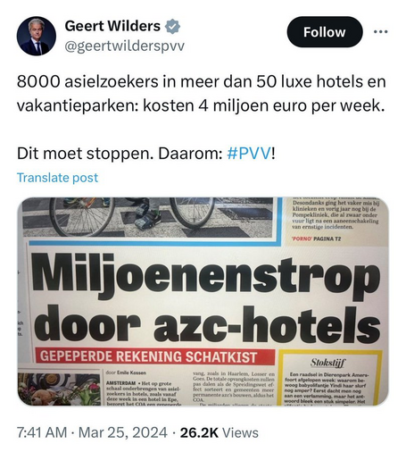 Tweet Wilders over Telegraaf artikel miljoenen strop AZC-hotels