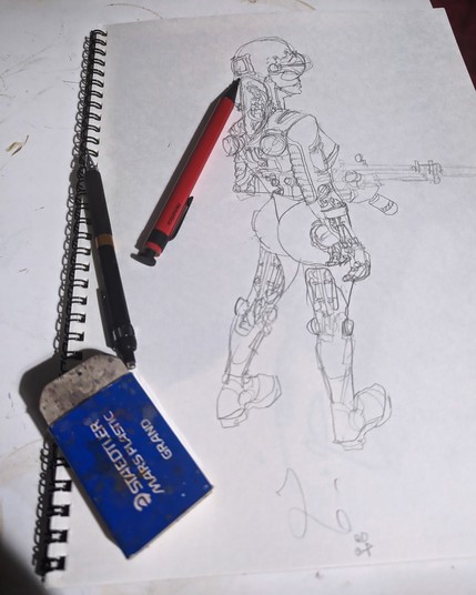See toot. It's basically a mix of pinup model and violent cyborg war machine, in pencil.