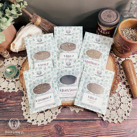 A photo of the exclusive "Kitchen Witch Herb Set" product from Inked Goddess Creations.