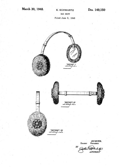 design patent drawings disclosing a pair of fuzzy ear muffs decorated with a stylized flower surface design over each ear