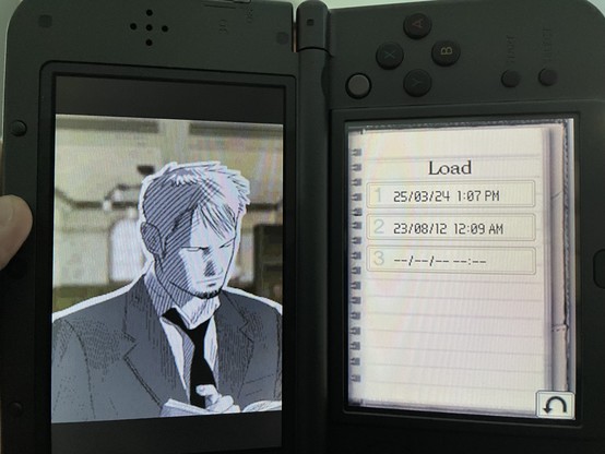 A Nintendo 3DS opened book-style, showing the Load screen from Last Window: The Secret of Cape West. One file’s timestamp is from 2012. 