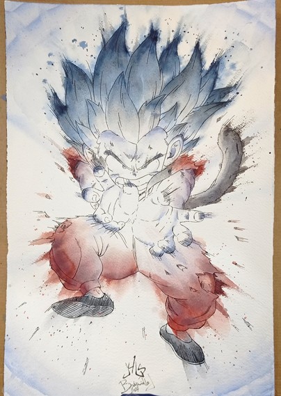 Kid Goku, watercolor on paper, 2024