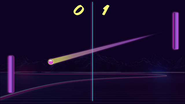 Synthwave Pong graphic of pong paddles hitting a ball.