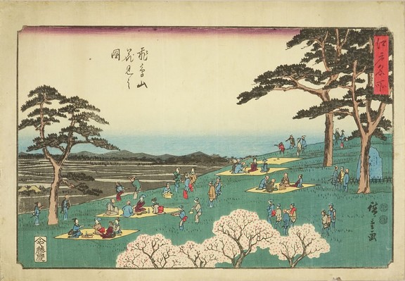 Ukiyoe depicting cherry blossom viewing.

Image thanks to - https://ukiyo-e.org.