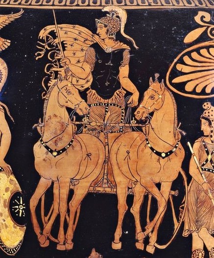 Ares riding his war chariot holding a spear, wearing a crested helmet and muscle cuirass. His cloak flies in the wind. One of his Amazon daughters stands to the right, wearing a Phrygian cap and a short chiton. She is also holding a spear.