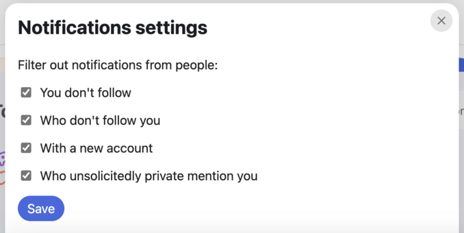 Screenshot of Notification Settings sheet with options to filter out notifications from certain types of accounts and a 'Save' button.
