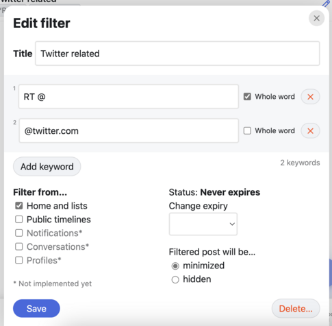 Screenshot of Edit Filter form sheet, with options to add keywords and set filter preferences.