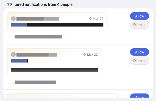 Notifications page showing filtered notifications from 4 people with options to "Allow" or "Dismiss".