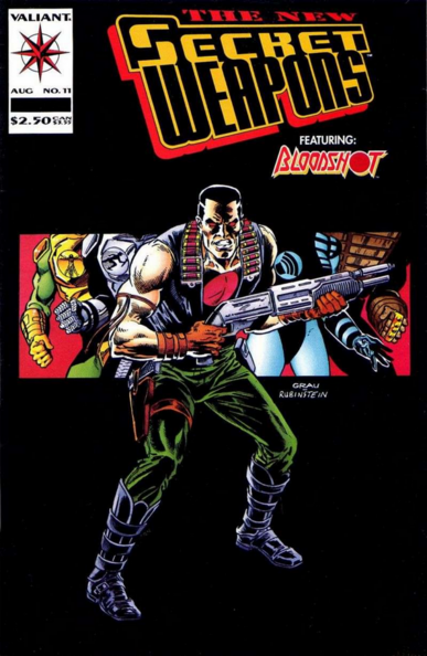 the comic book cover , a black background, bloodshot is on the cover , holding a large long gun, behind him in a window is the torsos of the secret weapons, bloodshot is looking at the viewer with his red pupil-less eyes 
