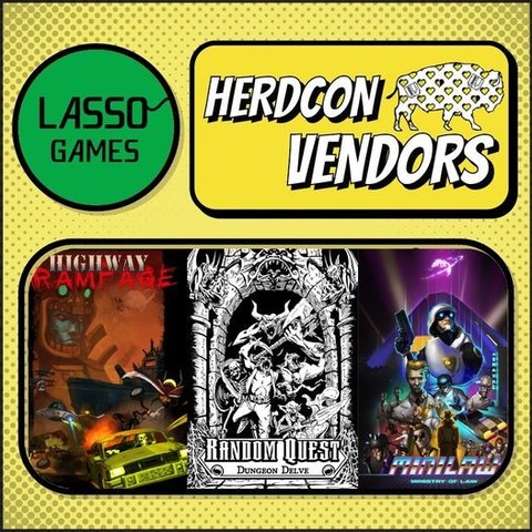 a herdcon vendor showcase profile with Lasso games. At the top on a yellow background with comic-style grey dots. On the top is the Lasso games logo next to the Herdcon logo that reads "Herdcon vendors" below are posters for Highway Rampage, Random Quest, and MiniLaw. 