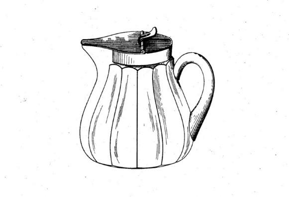 from the spec: "The drawing is a perspective view of a
pitcher or jug showing my new design.
The leading features of my design comprise
a pitcher of pear shape provided with
prisms extending longitudinally and terminating
below the horizontal band of the
metallic cover which has a lid provided with
a knob."