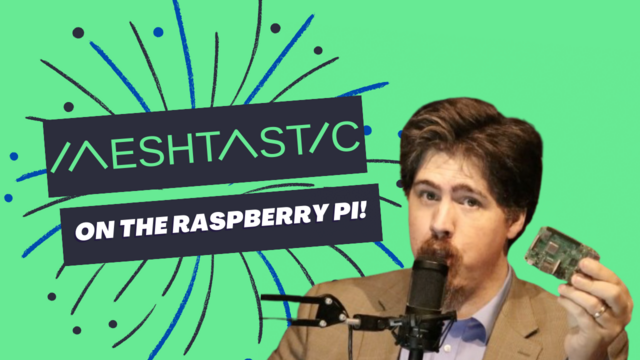 The image shows a man, Jonathan Bennett with facial hair presenting and discussing Meshtastic, a mesh networking platform, and how to set it up on a Raspberry Pi device that he is holding. The background features the Meshtastic logo with colorful scribbles or rays emanating from it, creating an energetic and engaging visual style for what appears to be a tutorial or instructional video's thumbnail image.