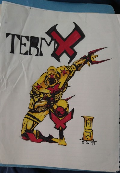 A comic book character.  Similar to Deadpool / Wolverine.  Drawing from 1994.  Inspired by Image Comics, Jim Lee, X-Men
